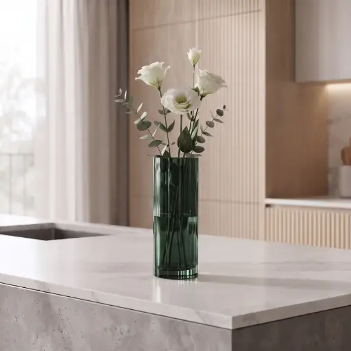 [MH26-V28] 360 HOME MY HOME DECORATIVE GLASS VASE Fluted Cylindrical straight sides  25*10*10*10cm dark green
