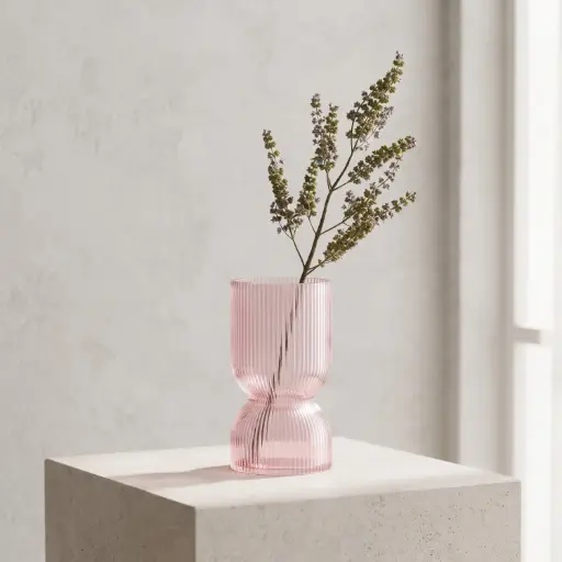 [MH26-V33] 360 HOME MY HOME DECORATIVE GLASS VASE Ribbed Hourglass Cylindrical body with a narrow waist 20*11*11*11cm pink