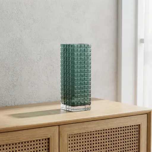 [MH26-V35] 360 HOME MY HOME DECORATIVE GLASS VASE Textured Grid Pattern Cylinder with straight sides 30*10*10*10cm green