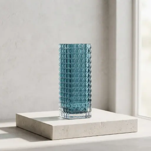 [MH26-V37] 360 HOME MY HOME DECORATIVE GLASS VASE Textured Grid Pattern Cylinder with straight sides  25*10*10*10cm blue