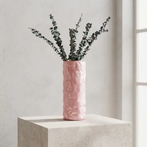 [MH26-V39] 360 HOME MY HOME DECORATIVE GLASS VASE Faceted Textured Cylinder with straight sides 28.5*12*12*12cm pink