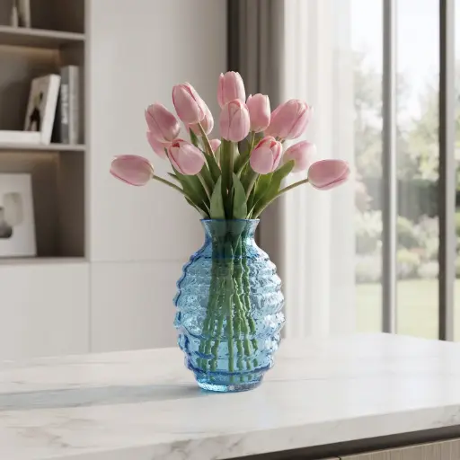 [MH26-V42] 360 HOME MY HOME DECORATIVE GLASS VASE Ribbed Bubble-Shaped with a narrow flared neck 16*25cm blue