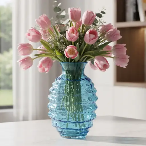 [MH26-V43] 360 HOME MY HOME DECORATIVE GLASS VASE  Ribbed Bubble-Shaped with a narrow flared neck 20*30cm blue