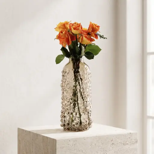 [MH26-V47] 360 HOME MY HOME DECORATIVE GLASS VASE Bubble Pattern Textured with a narrow neck and flared rim 20*21cm beige