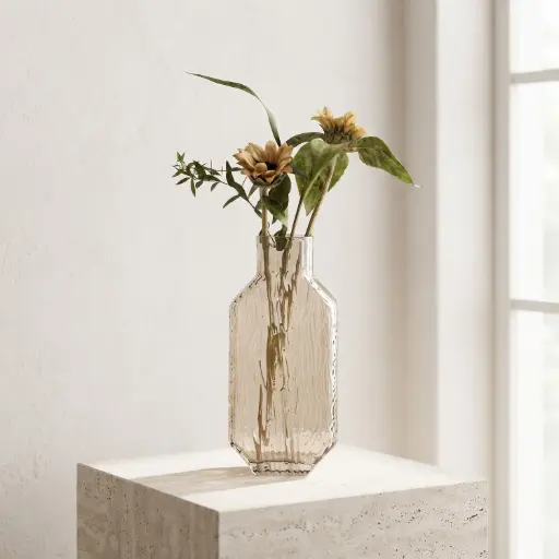 [MH26-V48] 360 HOME MY HOME DECORATIVE GLASS VASE Round vase: flattened spherical body with a short wide neck 20*7*21cm beige