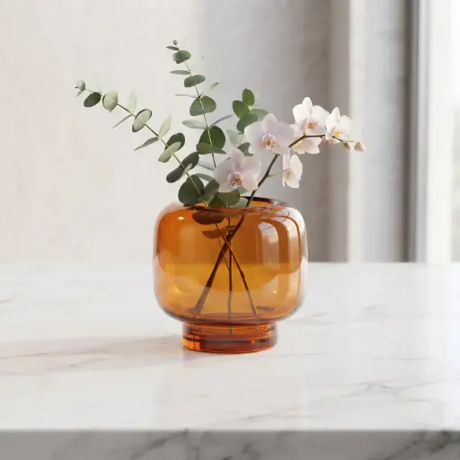 [MH26-V52] 360 HOME MY HOME DECORATIVE GLASS VASE Rounded bubble low-profile body wide opening and short neck 14*16cm amber