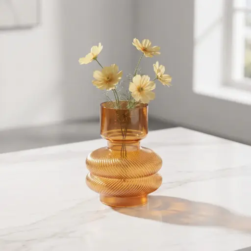 [MH26-V57] 360 HOME MY HOME DECORATIVE GLASS VASE rounded Ribbed short, wide neck 15*22cm amber