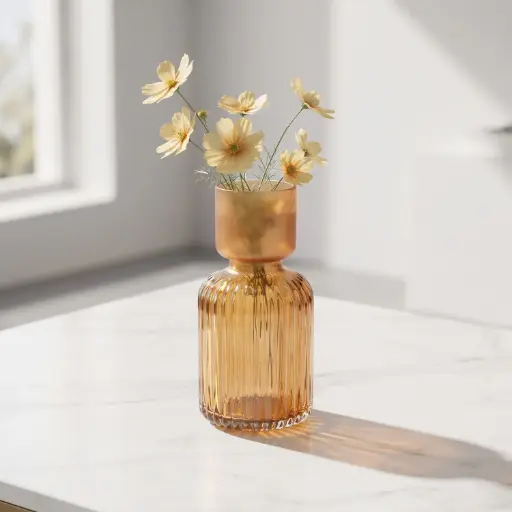 [MH26-V58] 360 HOME MY HOME DECORATIVE GLASS VASE rounded Ribbed short, wide neck 16*22cm amber