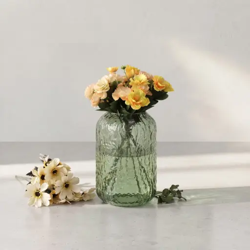 [MH26-V63] 360 HOME MY HOME DECORATIVE GLASS VASE Hammered Textured Cylinder softly curved edges 20*5*27cm green