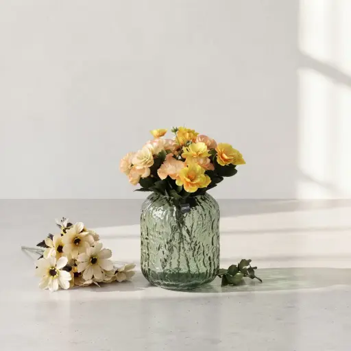 [MH26-V64] 360 HOME MY HOME DECORATIVE GLASS VASE Hammered Textured Cylinder softly curved edges 20*5*17cm green