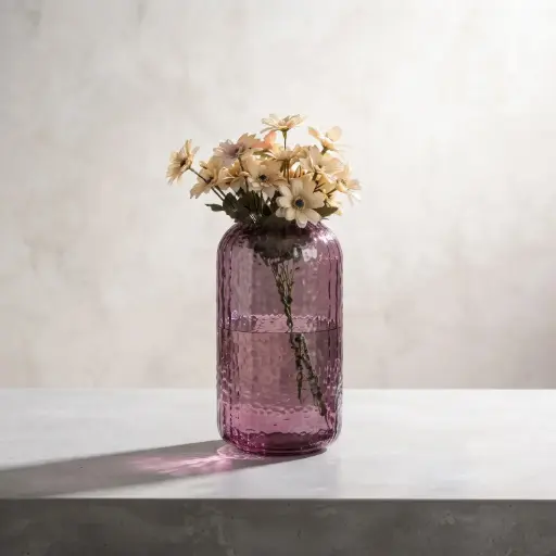 [MH26-V65] 360 HOME MY HOME DECORATIVE GLASS VASE Hammered Textured Cylinder softly curved edges 20*5*34cm purple