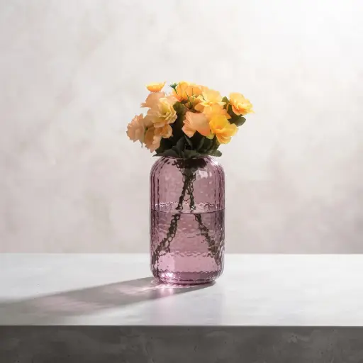 [MH26-V66] 360 HOME MY HOME DECORATIVE GLASS VASE Hammered Textured Cylinder softly curved edges 20*5*27cm purple