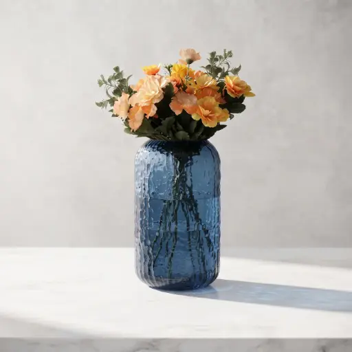 [MH26-V68] 360 HOME MY HOME DECORATIVE GLASS VASE Hammered Textured Cylinder softly curved edges 20*5*34cm blue
