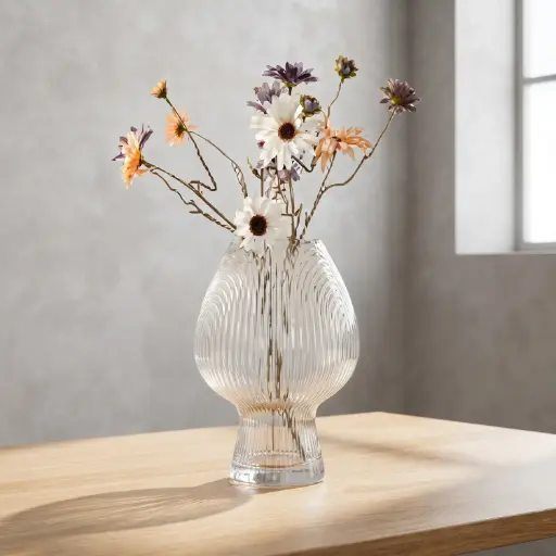 [MH26-V75] 360 HOME MY HOME DECORATIVE GLASS VASE Ribbed Bulb-Shaped narrow neck and short pedestal base 21*25cm transparent