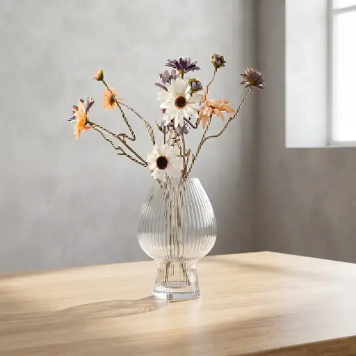 [MH26-V76] 360 HOME MY HOME DECORATIVE GLASS VASE Ribbed Bulb-Shaped narrow neck and short pedestal base 15.2*18.2cm transparent