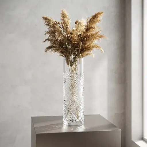 [MH26-V77] 360 HOME MY HOME DECORATIVE GLASS VASE tall fluted textured narrow opening 12*31.5cm transparent