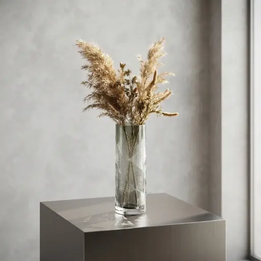 [MH26-V78] 360 HOME MY HOME DECORATIVE GLASS VASE tall fluted textured narrow opening 23*26cm grey
