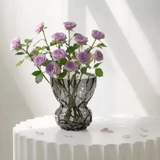 [MH26-V83] 360 HOME MY HOME DECORATIVE GLASS VASE Faceted Geometric narrow waist and flared opening 18*25cm grey