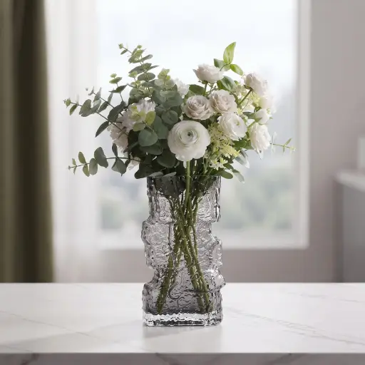 [MH26-V95] 360 HOME MY HOME DECORATIVE GLASS VASE stacked textured irregular rectangular sections 13*30cm grey