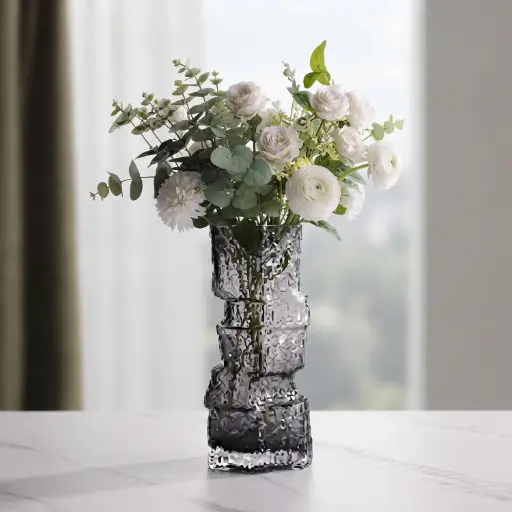 [MH26-V96] 360 HOME MY HOME DECORATIVE GLASS VASE stacked textured irregular rectangular sections15.5*25.5cm grey