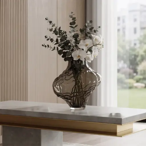 [MH26-V100] 360 HOME MY HOME DECORATIVE GLASS VASE irregular bulbous wavy organic sculptural short narrow neck 35*30cm grey