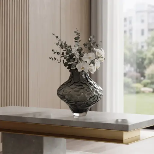 [MH26-V101] 360 HOME MY HOME DECORATIVE GLASS VASE irregular bulbous wavy organic sculptural short narrow neck  27*29cm grey
