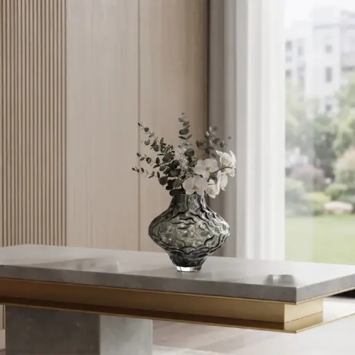 [MH26-V102] 360 HOME MY HOME DECORATIVE GLASS VASE irregular bulbous wavy organic sculptural short narrow neck  17*18.5cm grey