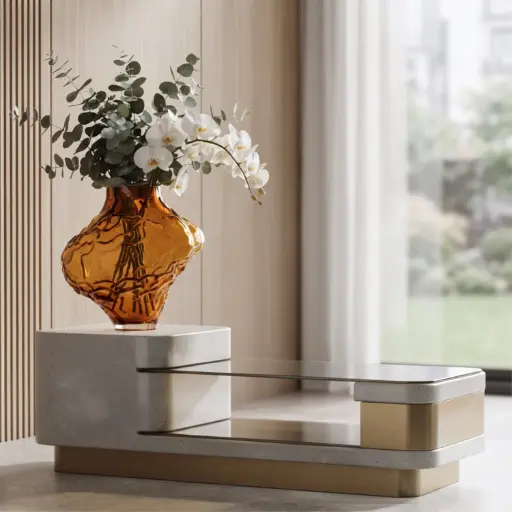 [MH26-V103] 360 HOME MY HOME DECORATIVE GLASS VASE irregular bulbous wavy organic sculptural short narrow neck  35*30cm amber