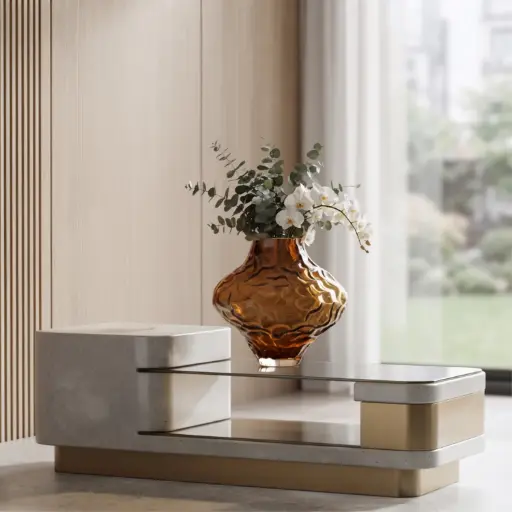 [MH26-V104] 360 HOME MY HOME DECORATIVE GLASS VASE irregular bulbous wavy organic sculptural short narrow neck  27*29cm amber