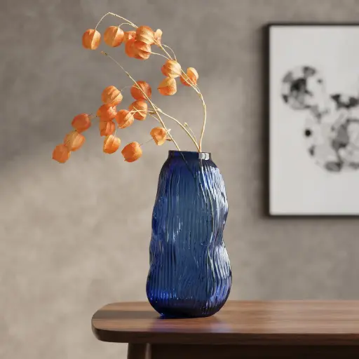 [MH26-V112] 360 HOME MY HOME DECORATIVE GLASS VASE RIBBEDD WAVY CURVED BULBOUS BODY 17*29.5cm blue