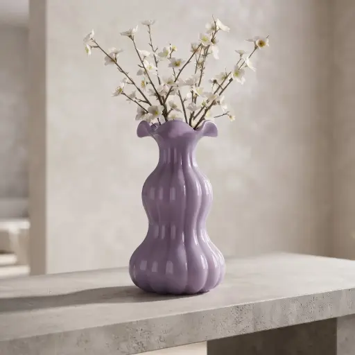 [MH26-V116] 360 HOME MY HOME DECORATIVE GLASS VASE WAVY RIBBED CURVED BULBOUS NARROW WAIST WAVY RIM 17.7*29.2cm LAVENDER
