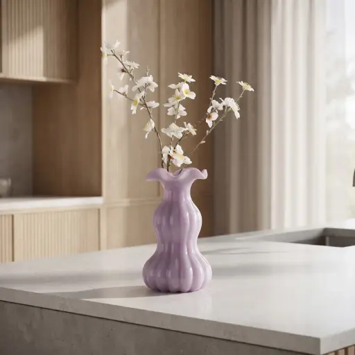 [MH26-V117] 360 HOME MY HOME DECORATIVE GLASS VASE  WAVY RIBBED CURVED BULBOUS NARROW WAIST WAVY RIM 14.8*24.3cm LAVENDER