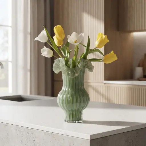 [MH26-V118] 360 HOME MY HOME DECORATIVE GLASS VASE RUFFED WAVY RIBBED BULBOUS WAVY RIM 17*28cm green