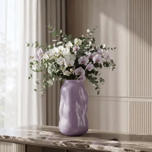 [MH26-V121] 360 HOME MY HOME DECORATIVE GLASS VASE RIBBED ROUNDED CURVED WAVY SIDES 13.5*23.5cm purple
