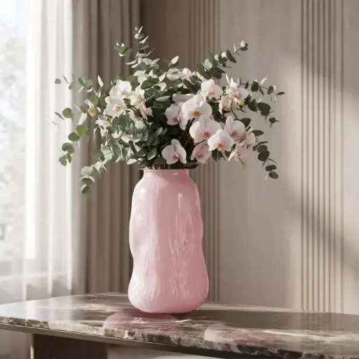 [MH26-V122] 360 HOME MY HOME DECORATIVE GLASS VASE RIBBED ROUNDED CURVED WAVY SIDES 17*29.5cm pink