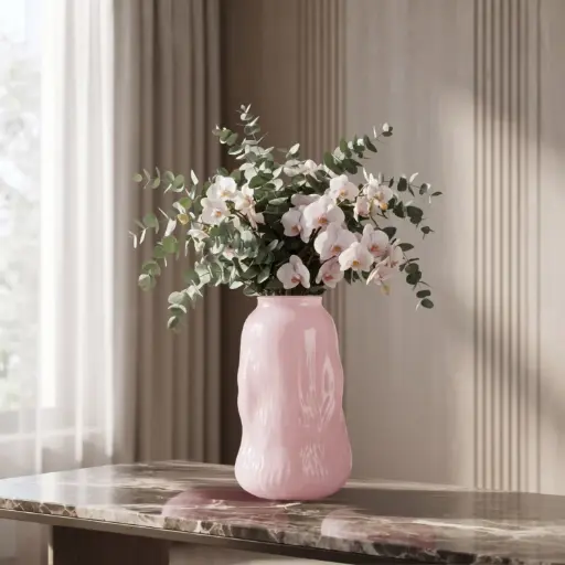 [MH26-V123] 360 HOME MY HOME DECORATIVE GLASS VASE RIBBED ROUNDED CURVED WAVY SIDES 13.5*23.5cm pink