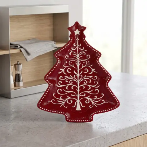 [CH26-CER3] 360 HOME Individually packaged in a colored box; Christmas tree shaped plate 25.5*21.0*2.5 Red

