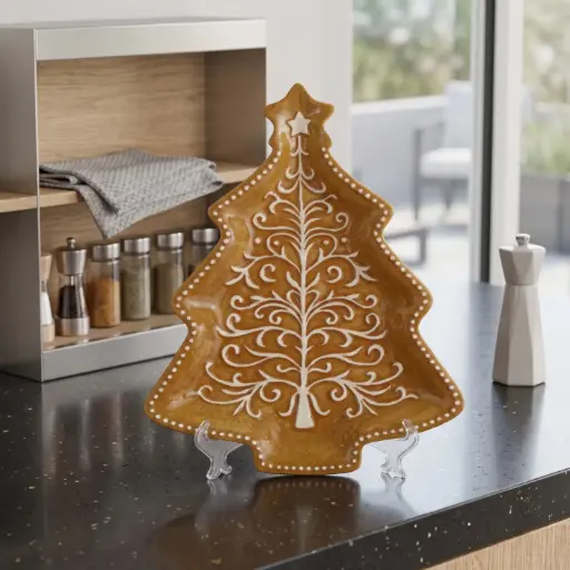 [CH26-CER4] 360 HOME Individually packaged in a colored box; Christmas tree shaped plate 25.5*21.0*2.5 Biscuit color