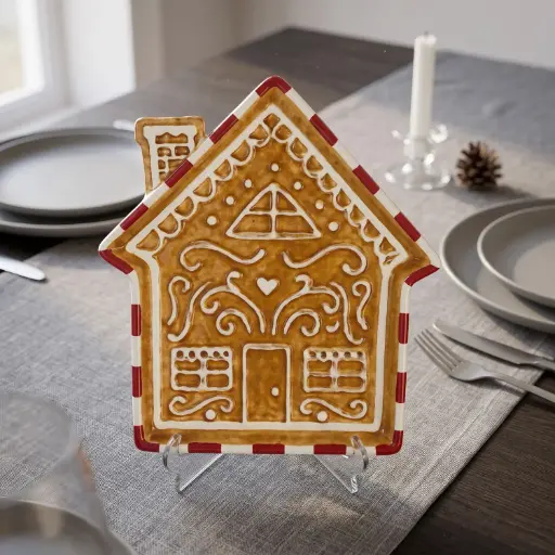 [CH26-CER22] 360 HOME Gingerbread house plate, red and white rim, 25.5*23.0*2.5 cm