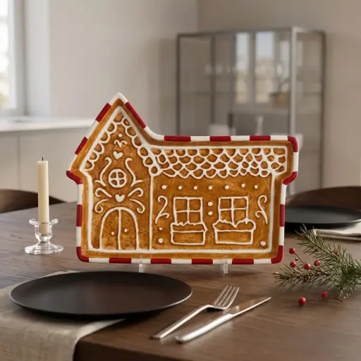 [CH26-CER23] 360 HOME Gingerbread house plate, red and white rim, 26.0*19.0*2.0 mm