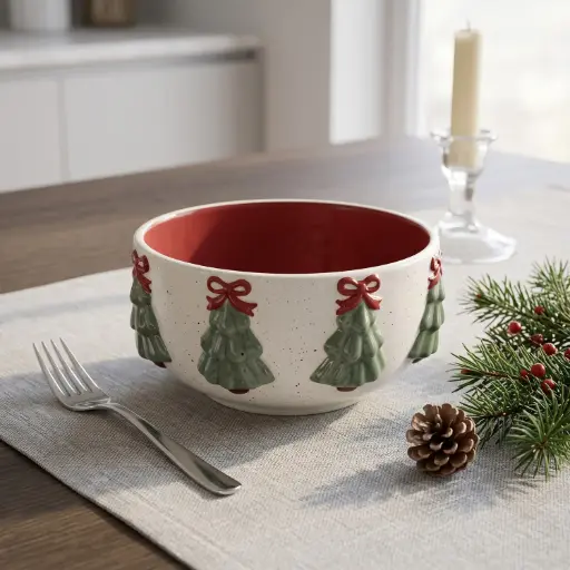[CH26-CER24] 360 HOME CHRISTMAS CERAMIC BOWL GREEN TREES MOTIF AND RED BOW 15.3*15.4*7.3