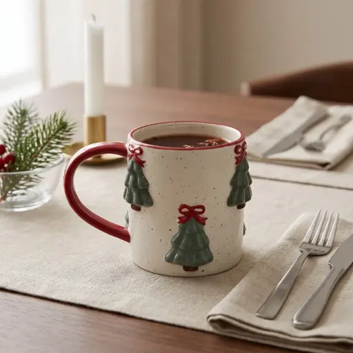 [CH26-CER25] 360 HOME CHRISTMAS CERAMIC MUG RED RIM AND HANDLE GREEN TREES +RED BOWS+WHITE SPECKLED FINISH