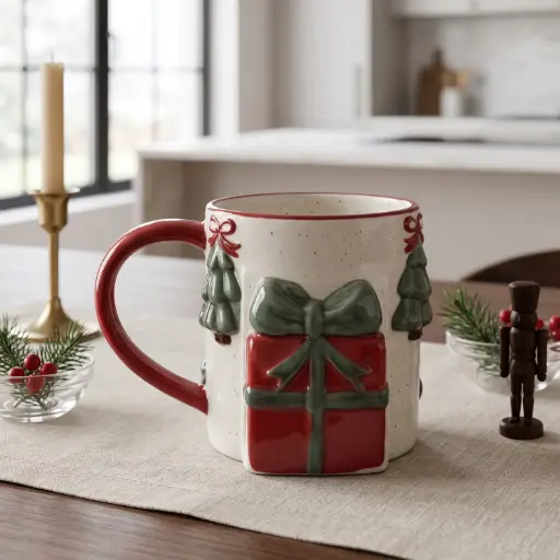 [CH26-CER26] 360 HOME CHRISTMAS CERAMIC MUG WHITE SPECKLED RED RIM AND HANDLE RAISED GREEN TREES TOPPED WITH RED BOWS