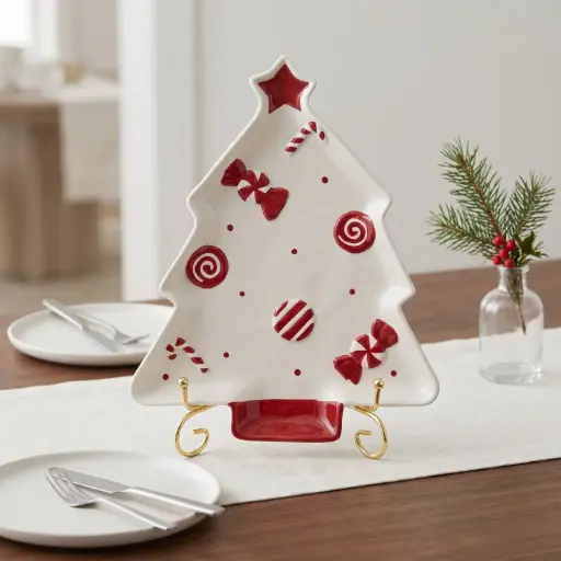 [CH26-CER27] 360 HOME CHRISTMAS TREE SHAPED CANDLE HOLDER WHITE STRIPED ORNAMENTS RED BASE GOLD METAL ACCENT 27*21.6*2.8CM