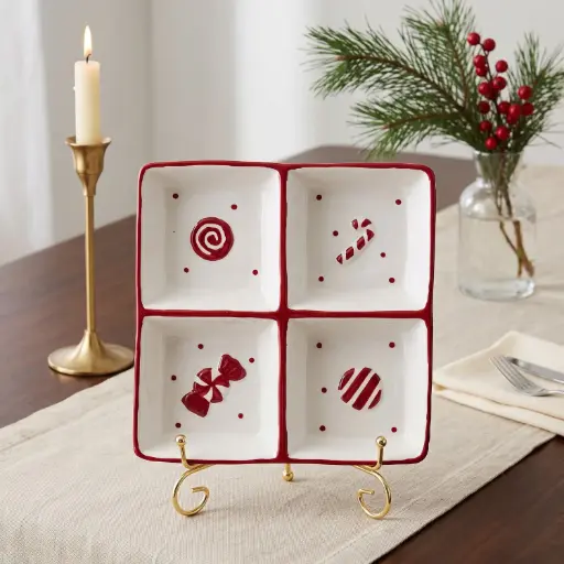 [CH26-CER28] 360 HOME CHRISTMAS CERAMIC SERVING DISH 4 SQUARE COMPARTIMENTS  ON GOLD-TONE METAL STAND 20.5*20.7*3.4CM