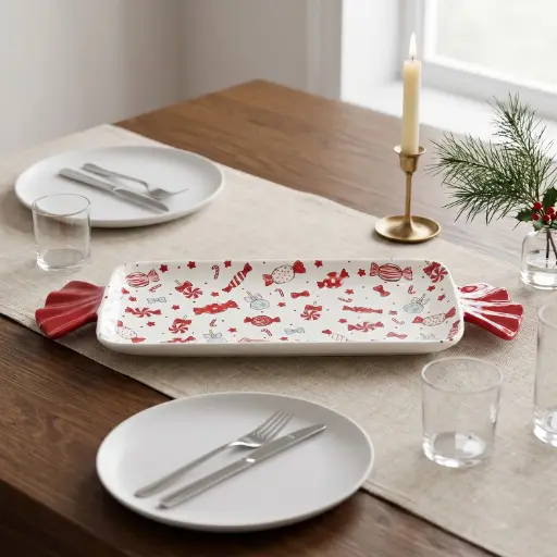 [CH26-CER29] 360 HOME CHRISTMAS SERVING PLATTER RECTANGULAR  CERAMIC RED AND GREEN HOLIDAY MOTIFS 34.8X12.3X1.5CM