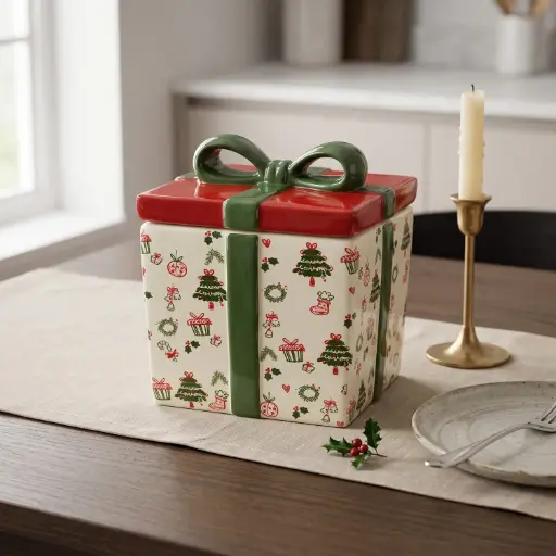 [CH26-CER30] 360 HOME CHRISTMAS CERAMIC CONTAINER GIFT BOX SHAPED GREEN RIBBON HOLIDAY MOTIFS 13.5X13.5X18CM 