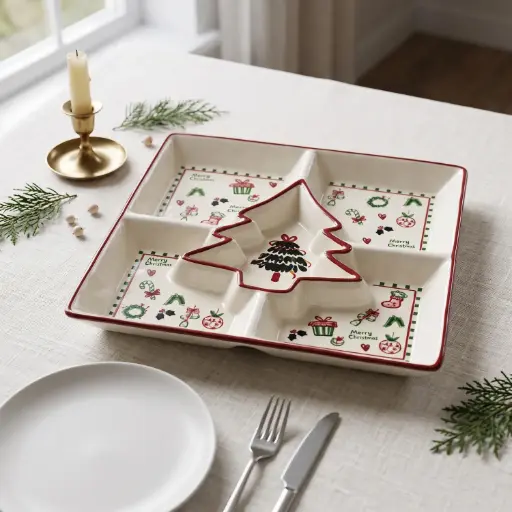 [CH26-CER31] 360 HOME CHRISTMAS SERVING PLATTER SQUARE DIVIDED 4 SECTIONS TREE SHAPED CENTER23.5*23.5*2.9CM