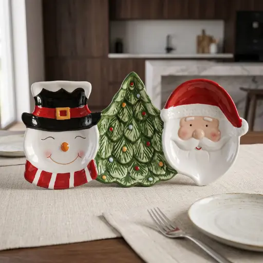 [CH26-CER32] 360 HOME CHRISTMAS DECORATION CERAMIC SNOWMAN+TREE+SMOWMAN COLORFUL RAISED DETAILS 35.5*15.5*3.0CM