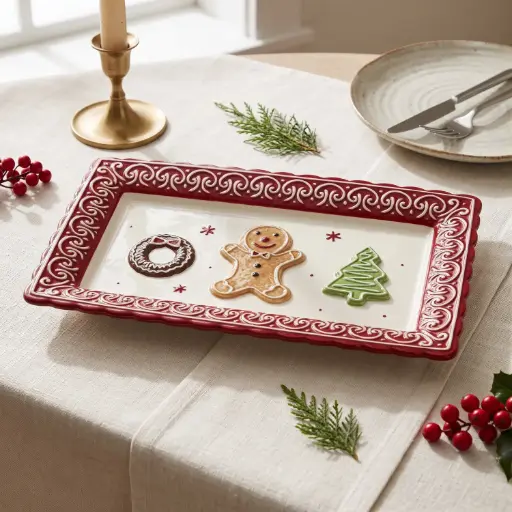 [CH26-CER33] 360 HOME CHRISTMAS SERVING PLATTER CERAMIC RECTANGULAR ORNATE RED AND WHITE BORDER WITH FESTIVE MOTIFS 31.5X19X3.2CM